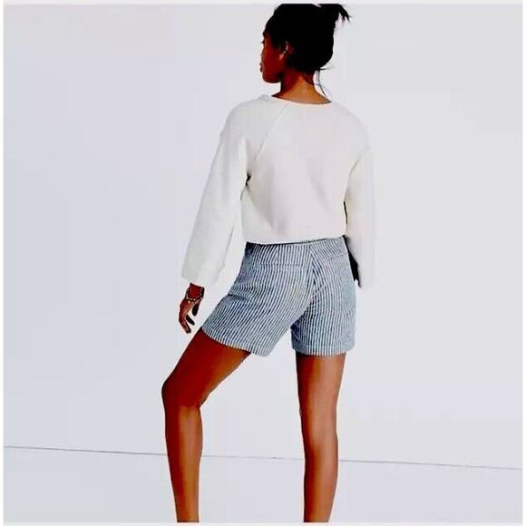 Madewell Jean Blue Off White Striped High Waist Patch Pockets Lace-Up Shorts 4 - Picture 6 of 15